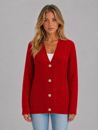 LEORA | CABLE KNIT V-NECK CARDIGAN - Red