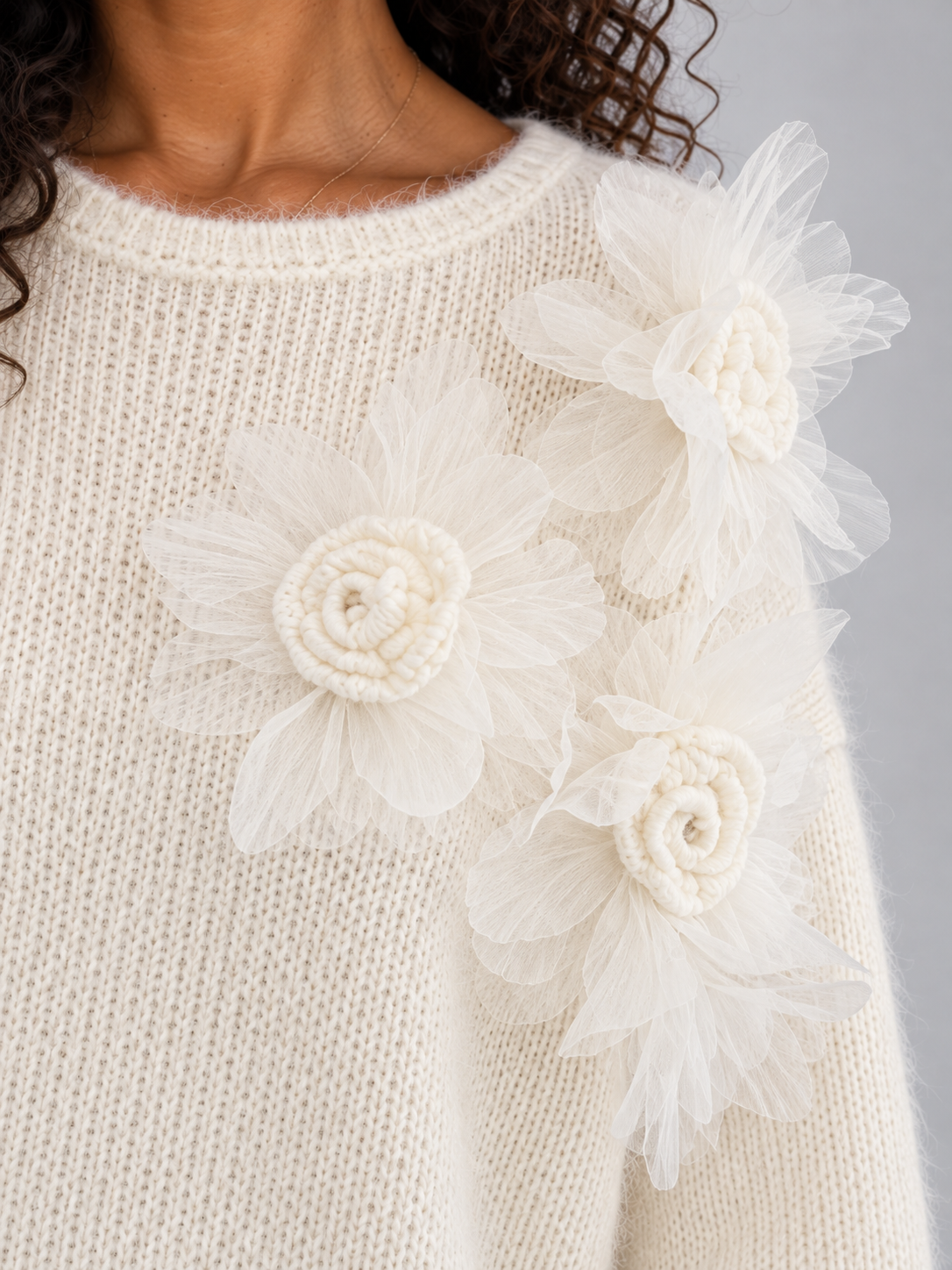 LETTY | FLORAL APPLIQUE KNIT SWEATER - Cream