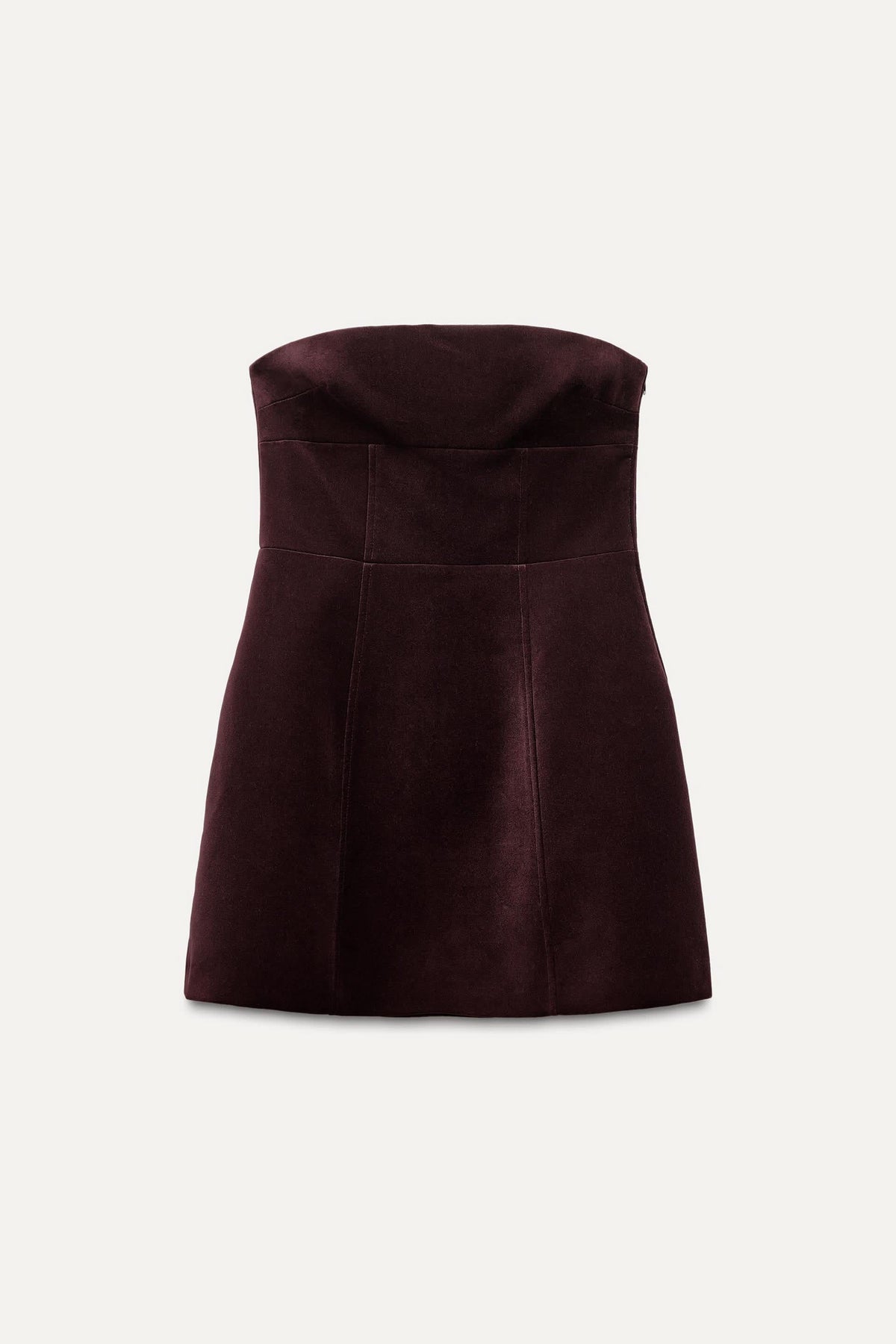 Burgundy velvet strapless mini dress flat lay front