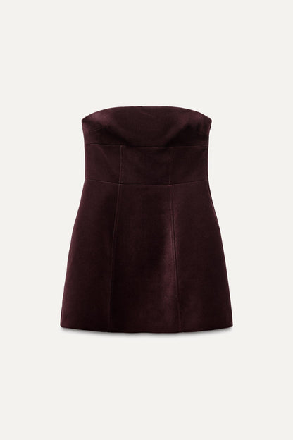 Burgundy velvet strapless mini dress flat lay front