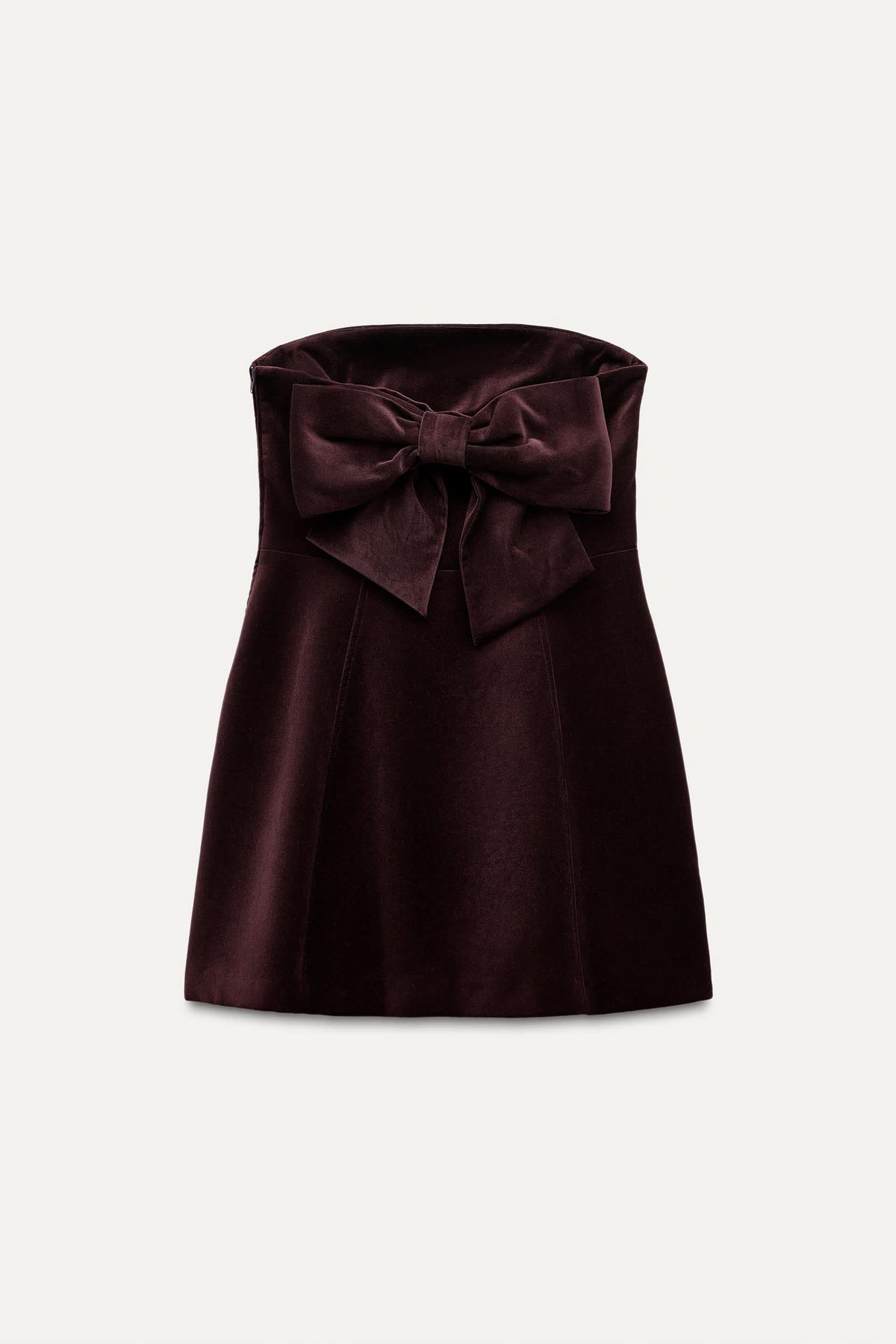 Burgundy velvet mini dress with structured bow at waist