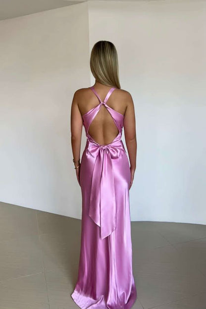 Magenta satin maxi dress with crossback straps and bow tie back