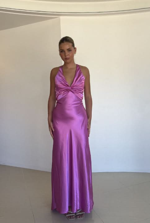Purple satin maxi dress with halter neckline and ruched front bodice