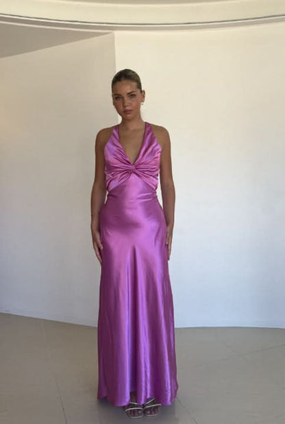 Purple satin maxi dress with halter neckline and ruched front bodice