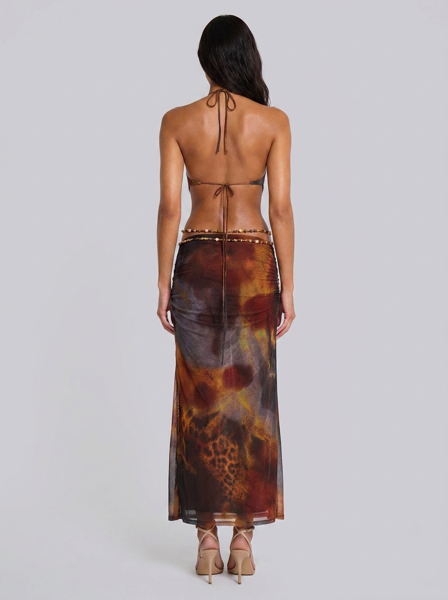 LEYLAH | HALTER MAXI DRESS - Brown Flame