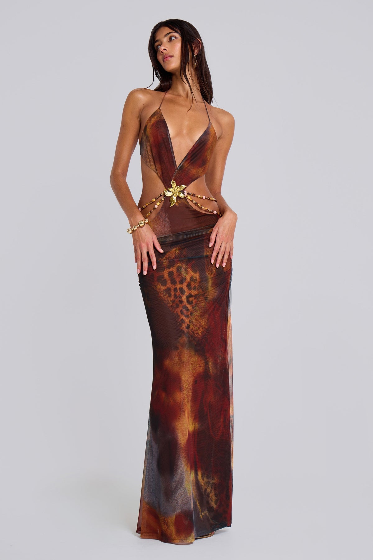 LEYLAH | HALTER MAXI DRESS - Brown Flame