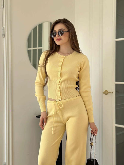 Yellow button-front ribbed cardigan with matching drawstring pants, front view