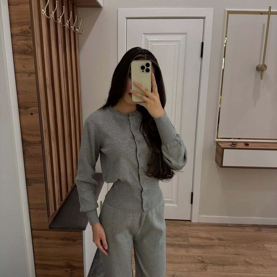 Gray ribbed knit set with button-front cardigan and straight-leg pants