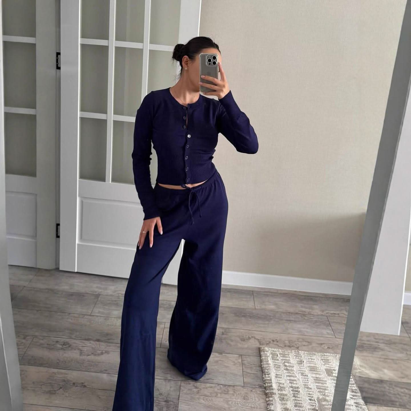 Navy blue knit cardigan and wide-leg pants two-piece set