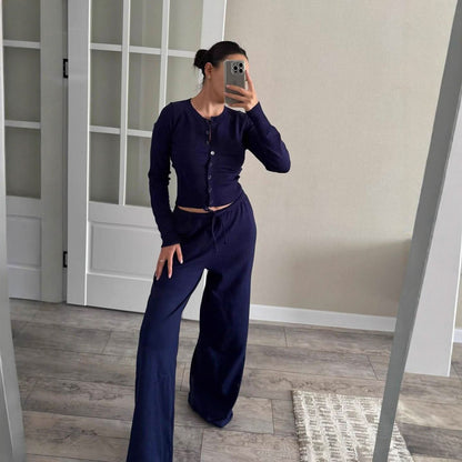 Navy blue knit cardigan and wide-leg pants two-piece set