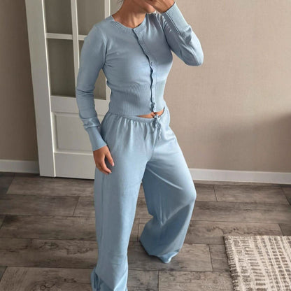 Light blue ribbed knit crop cardigan with matching relaxed pants