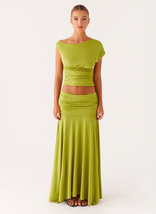 Lime green ruched maxi set with cropped top and flowing skirt