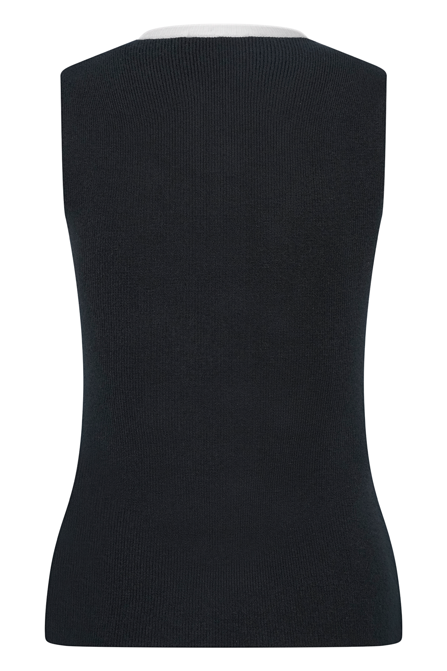 Black ribbed knit vest back view with white crew neckline trim