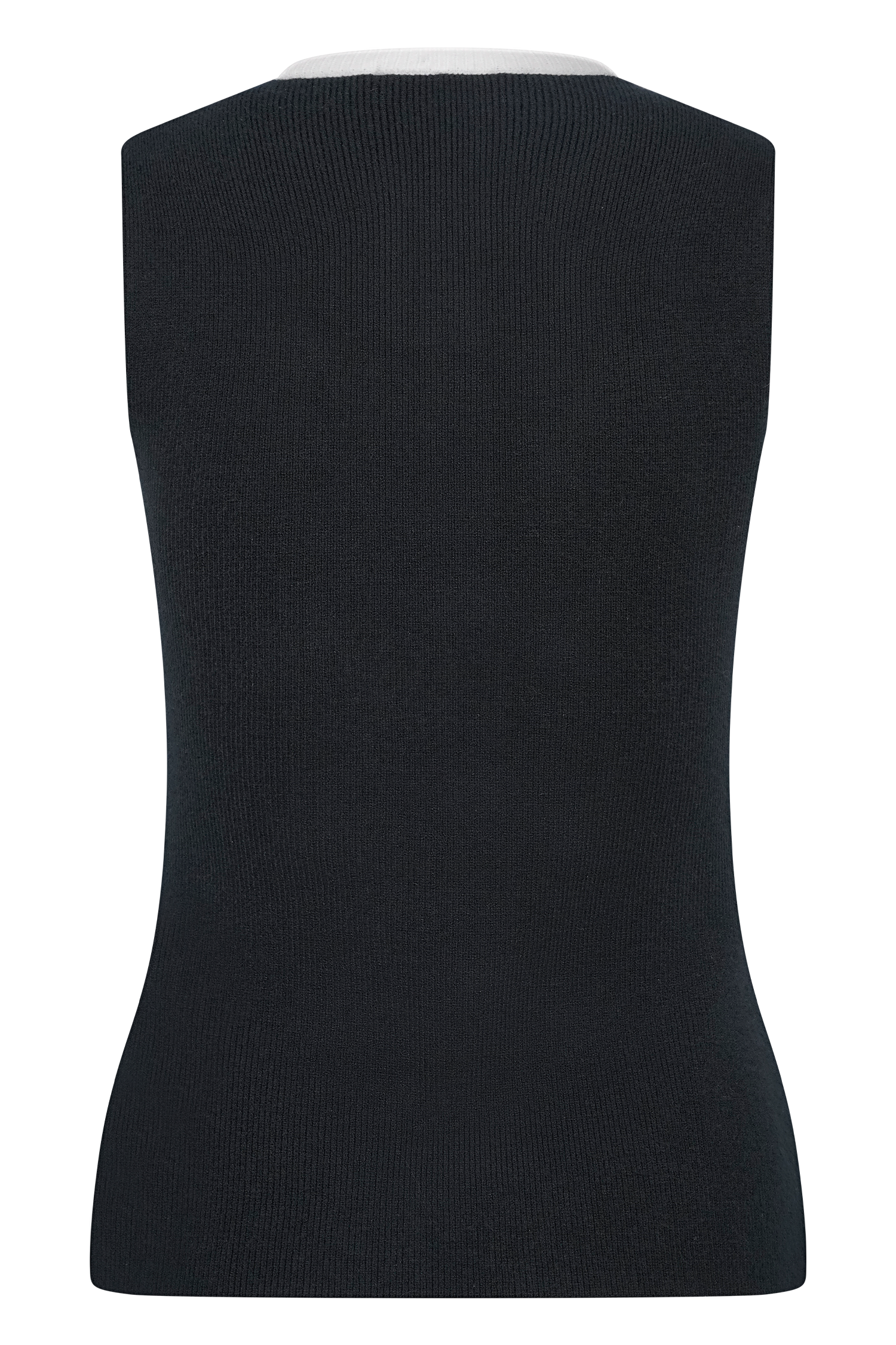 Black ribbed knit vest back view with white crew neckline trim