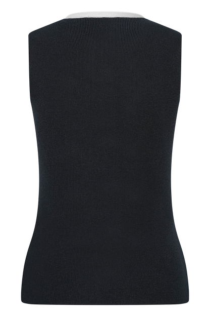 Black ribbed knit vest back view with white crew neckline trim