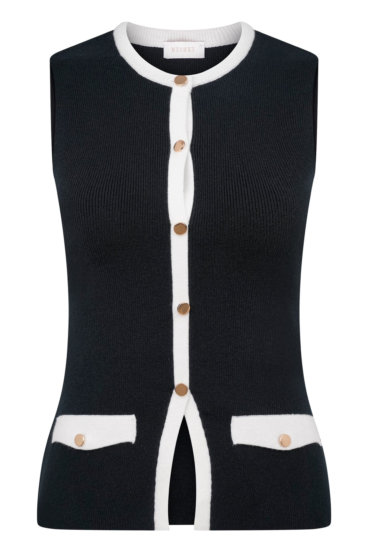 Black knit vest with white button front and patch pocket details