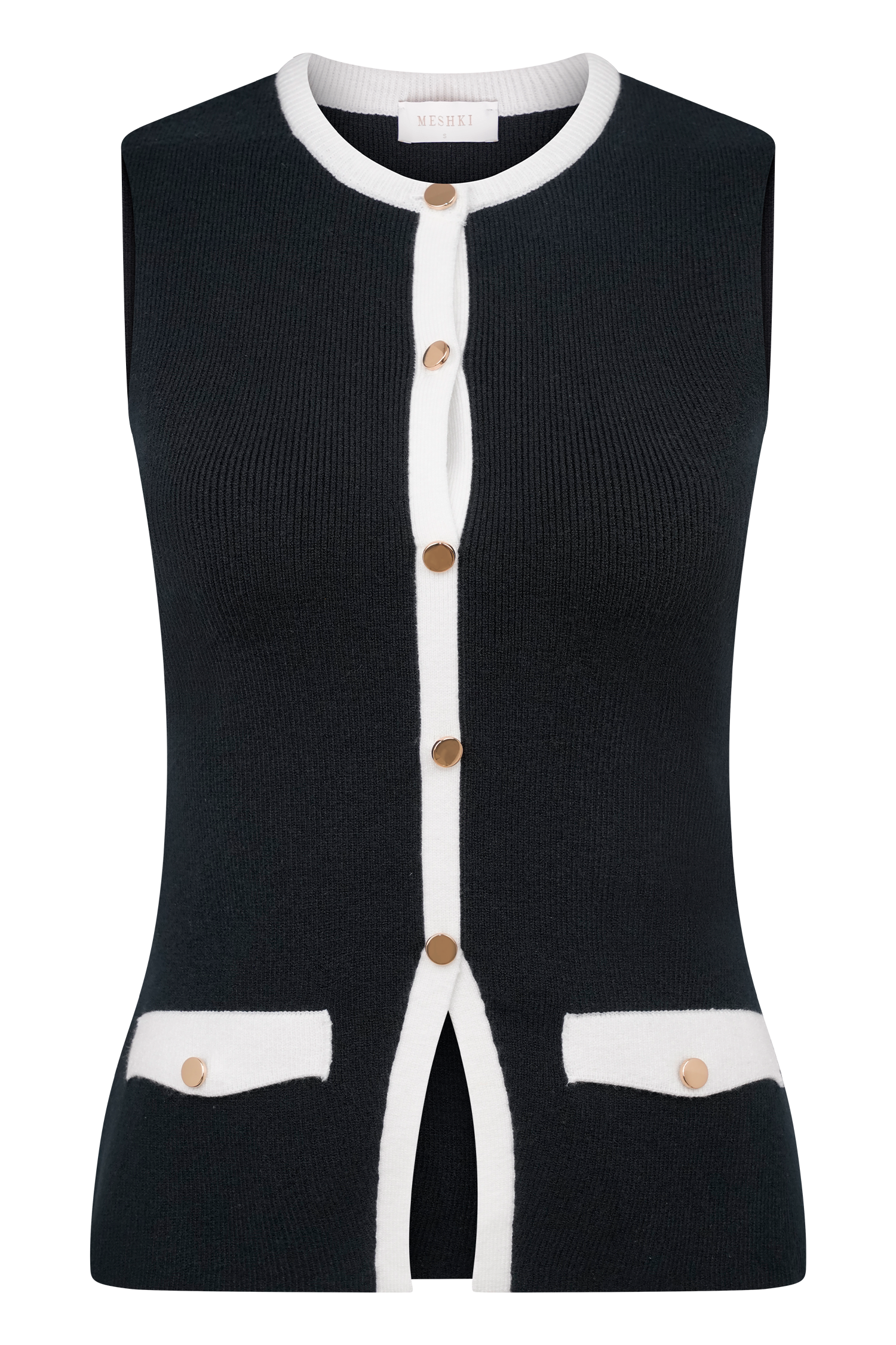 Black knit vest with white button front and patch pocket details