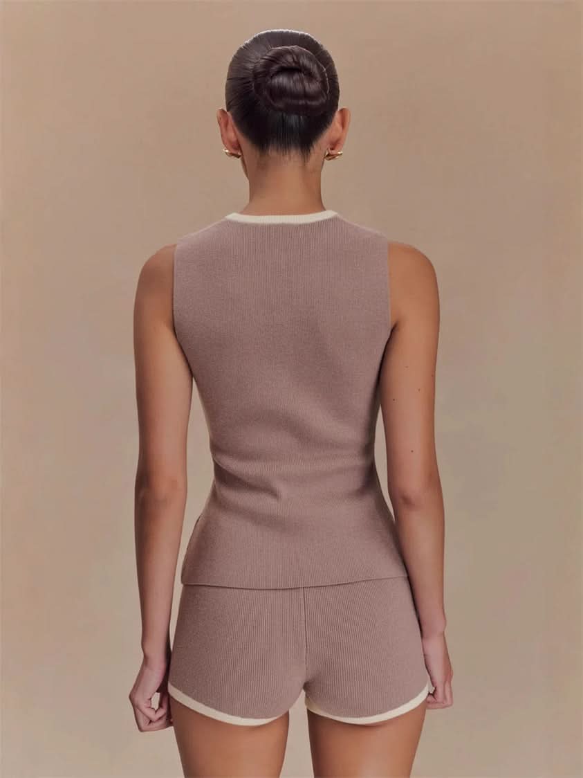 Beige ribbed knit tank top back view with white crew neckline