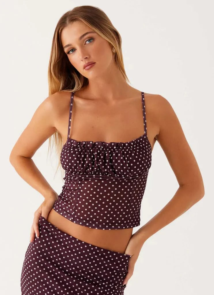 Burgundy polka dot camisole crop top with ruched bodice detail