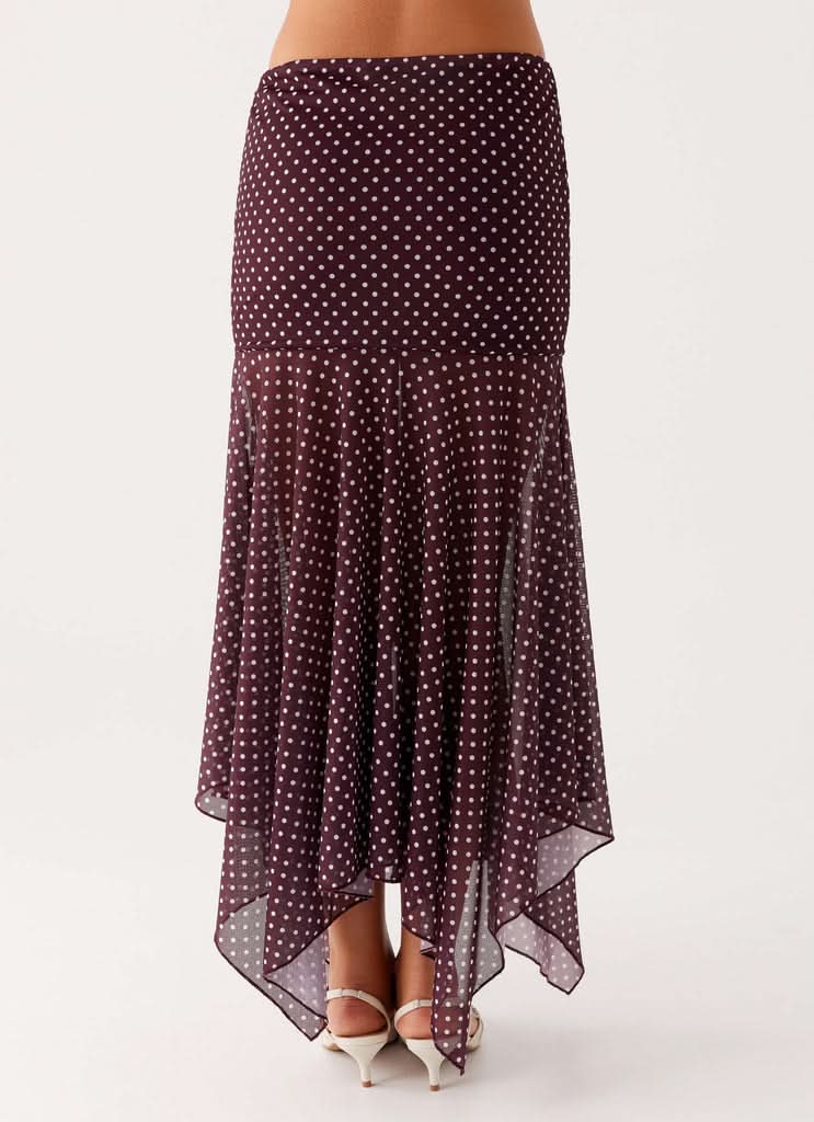 Burgundy polka dot asymmetrical maxi skirt with handkerchief hem