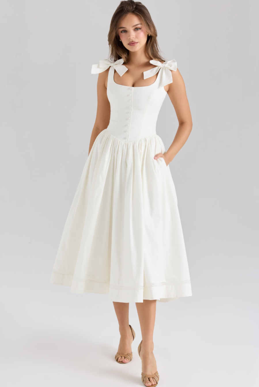 Cream bow midi dress with square neckline and A-line skirt for women