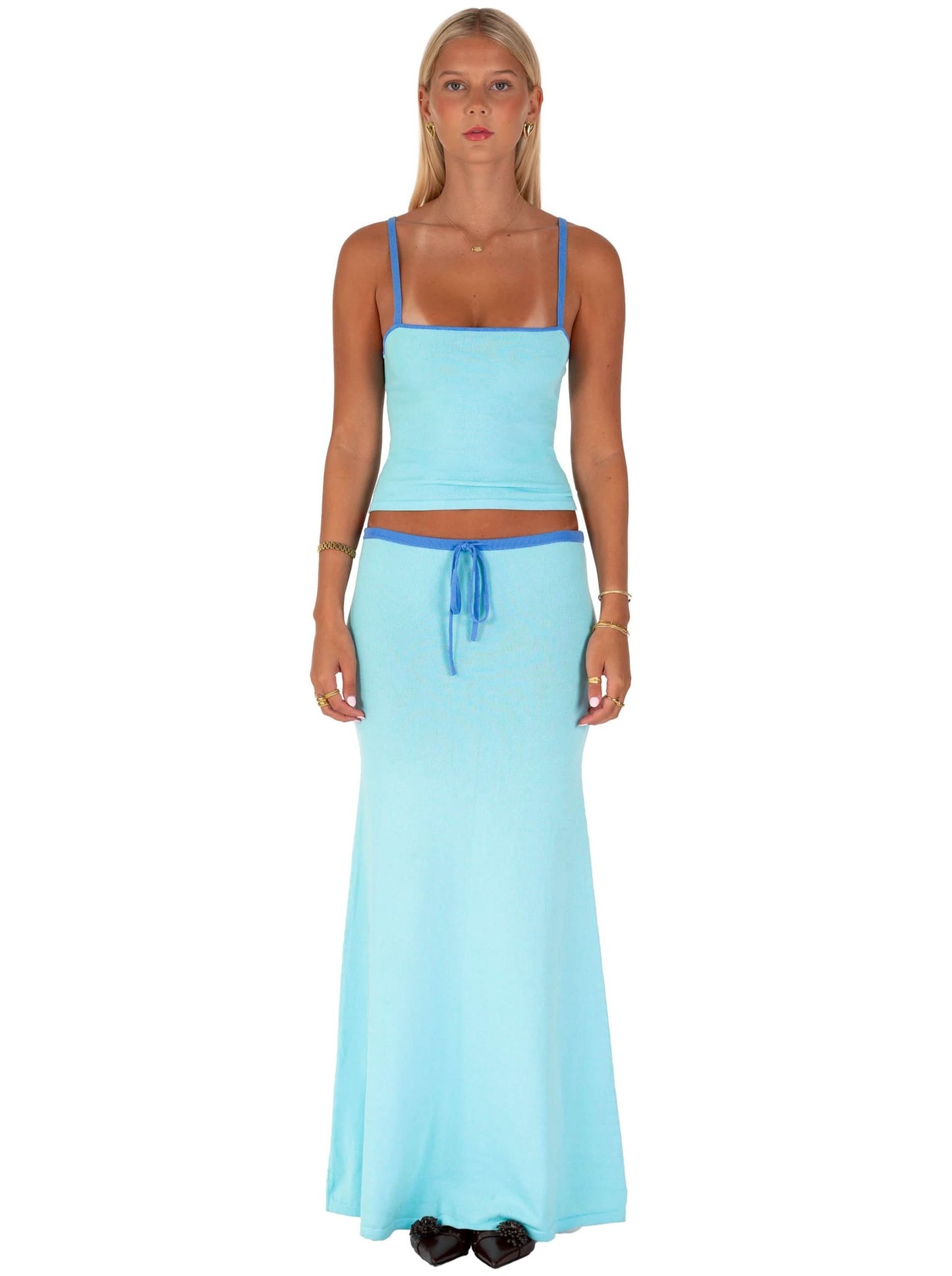 Light blue two-piece maxi set with square neckline crop top and blue drawstring waist