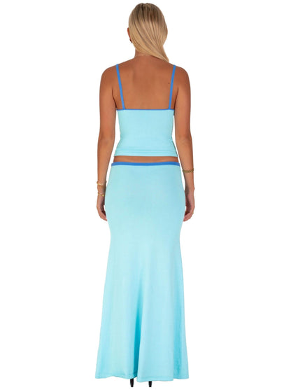 Back view of light blue two-piece set with spaghetti straps and color-block waist band