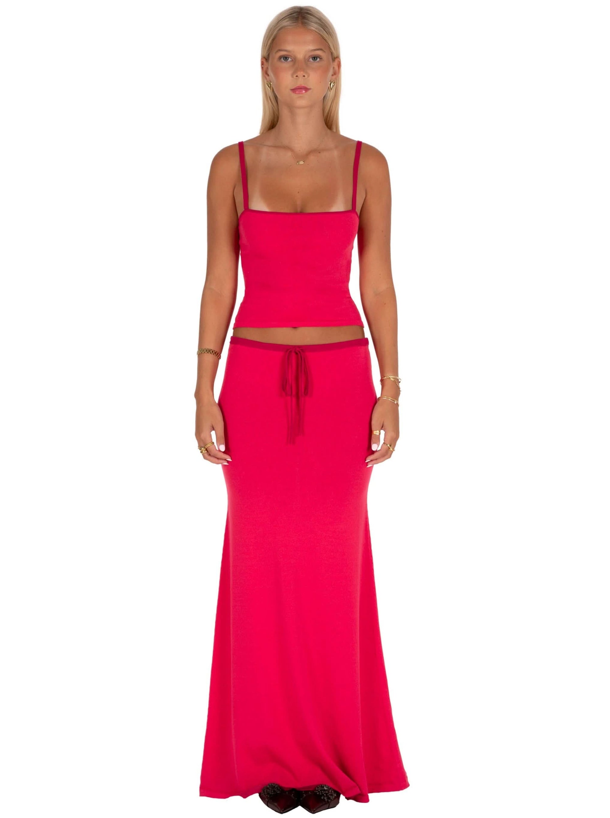 pink two-piece maxi set with square neckline crop top and high-waisted skirt