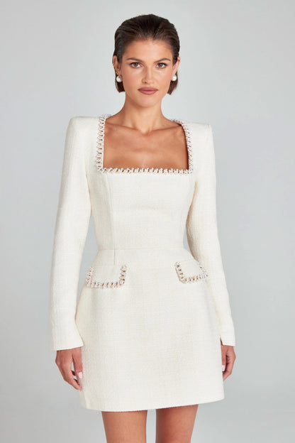 Cream textured mini dress with pearl-beaded square neckline detail