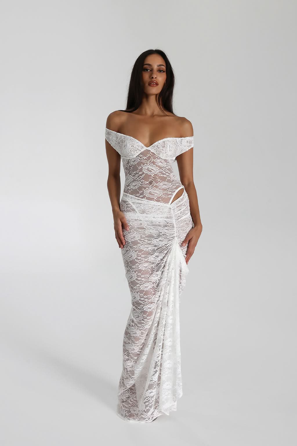 White lace maxi dress with off-shoulder sweetheart neckline and side cutout