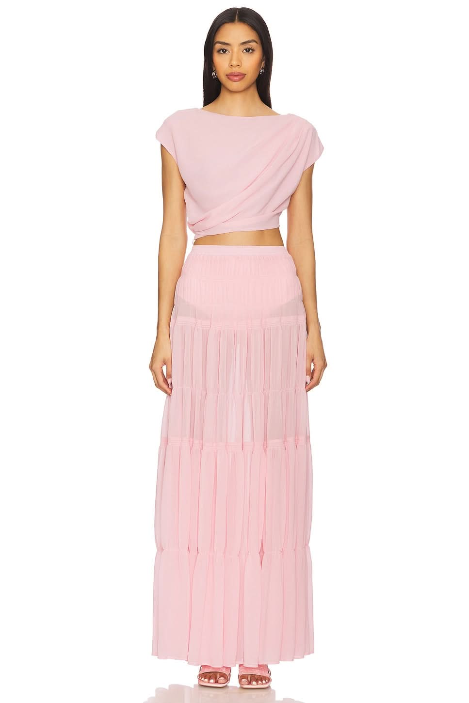 Pink pleated maxi summer set with draped crop top and tiered skirt for women
