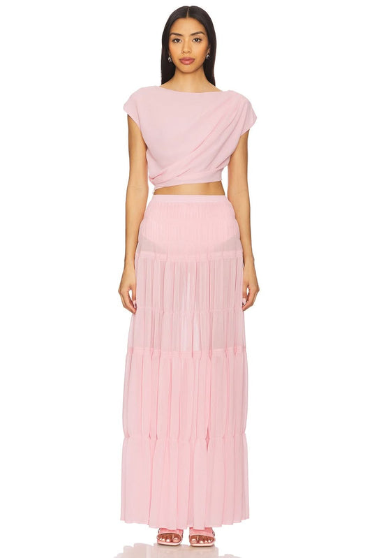 Pink pleated maxi summer set with draped crop top and tiered skirt for women