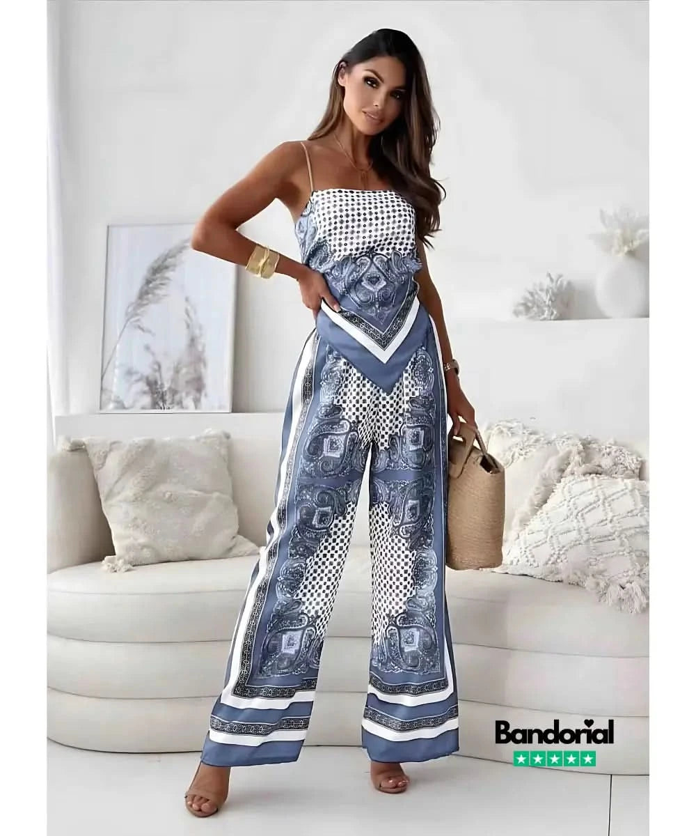 Gray and white bandana print crop top with matching wide-leg trousers