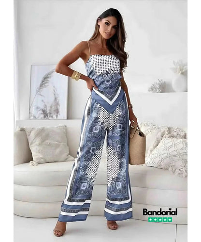 Gray and white bandana print crop top with matching wide-leg trousers