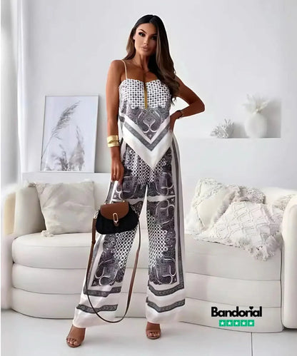 Olive green bandana print two-piece set with strapless top and wide-leg pants