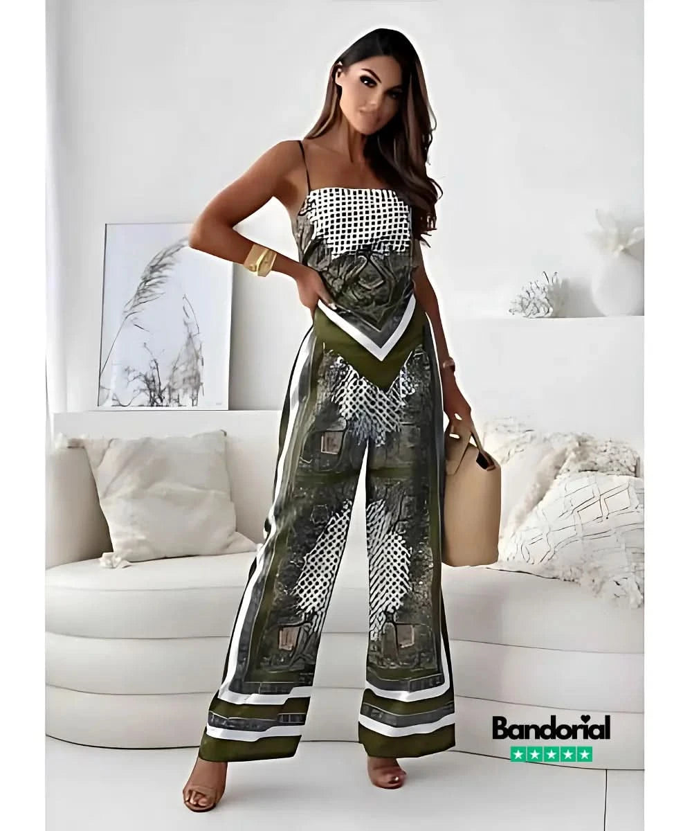 Black and white bandana print strapless crop top with wide-leg coordinating pants