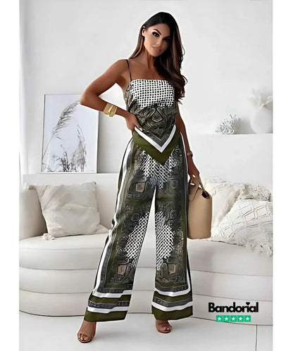 Black and white bandana print strapless crop top with wide-leg coordinating pants