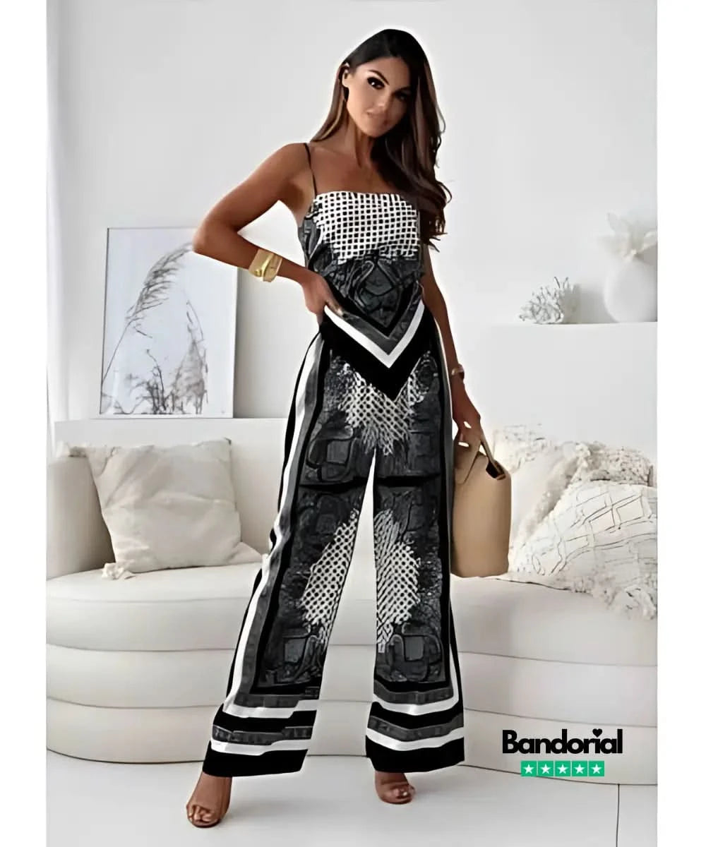 Black bandana paisley two-piece set with geometric details and contrasting white trim