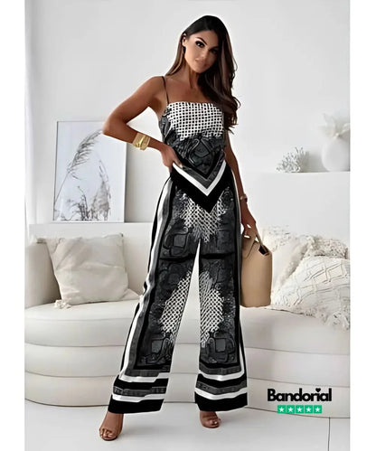 Black bandana paisley two-piece set with geometric details and contrasting white trim