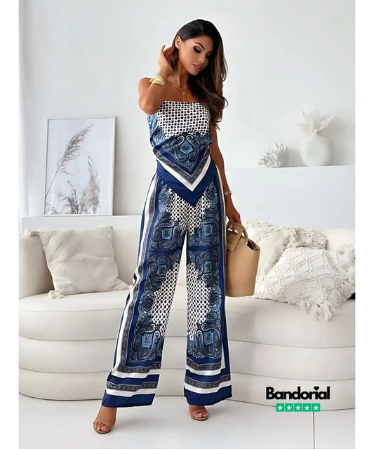 Navy and white bandana print two-piece set with strapless top and wide-leg pants