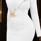 LINDEN | EMBROIDERED SCULPTED SHOULDER MIDI DRESS - White