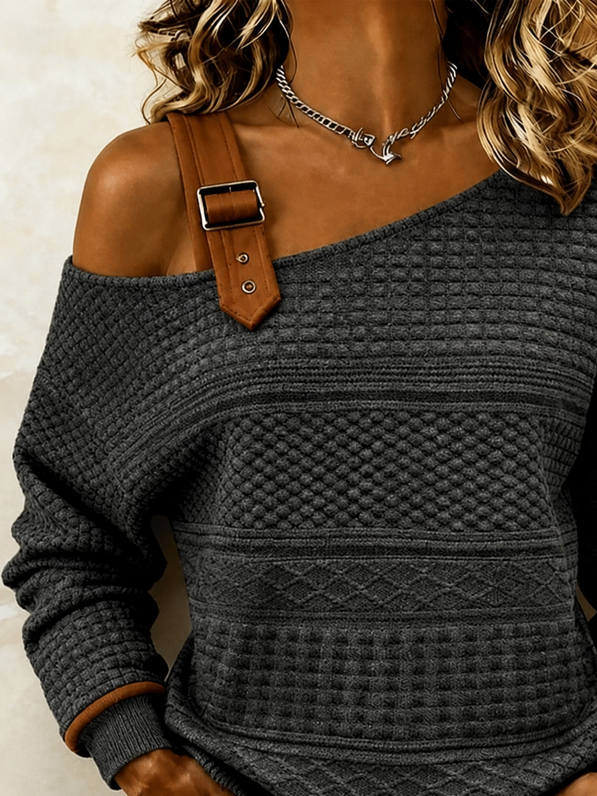 LIYA | ASYMMETRIC OFF SHOULDER BUCKLE TOP - Charcoal Gray