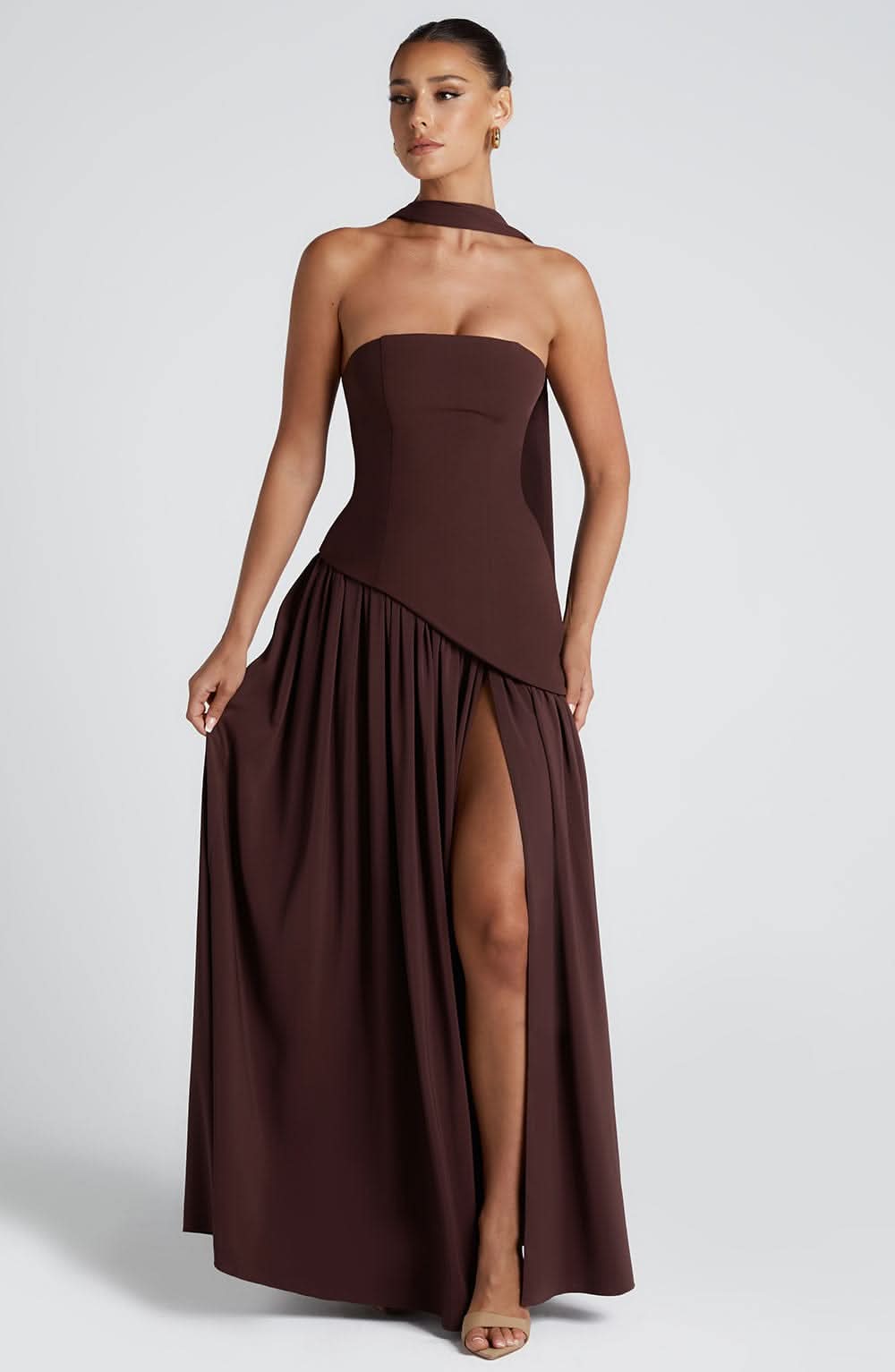 Brown strapless maxi dress with halter neckline and high slit