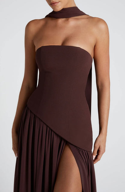 Close-up of brown strapless maxi dress bodice with choker detail