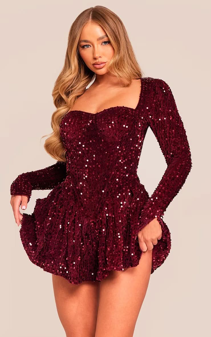 Burgundy sequined mini dress with sweetheart neckline and long fitted sleeves