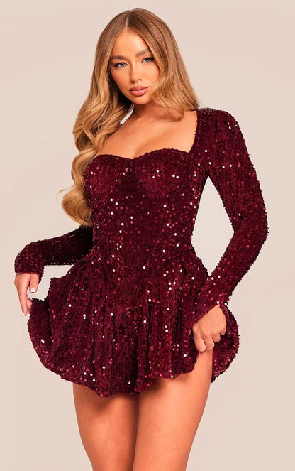 Burgundy sequined mini dress with sweetheart neckline and long fitted sleeves