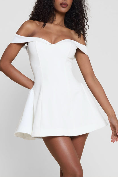 White off-shoulder corset mini dress with structured bodice and full skirt