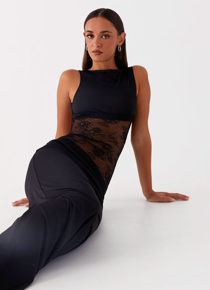 Black sleeveless maxi dress with sheer floral lace midriff panel