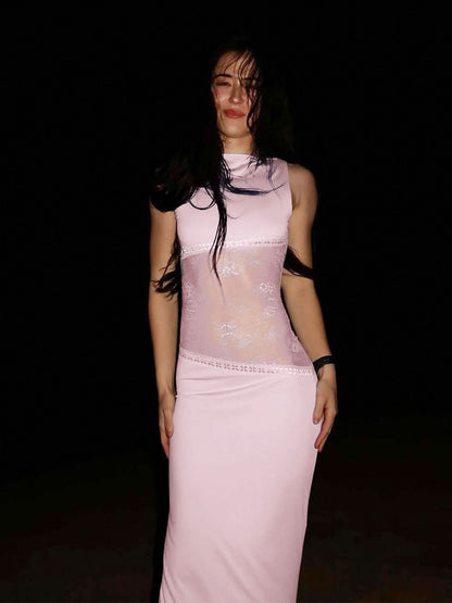 Light pink sleeveless maxi dress with sheer lace waist and solid hem