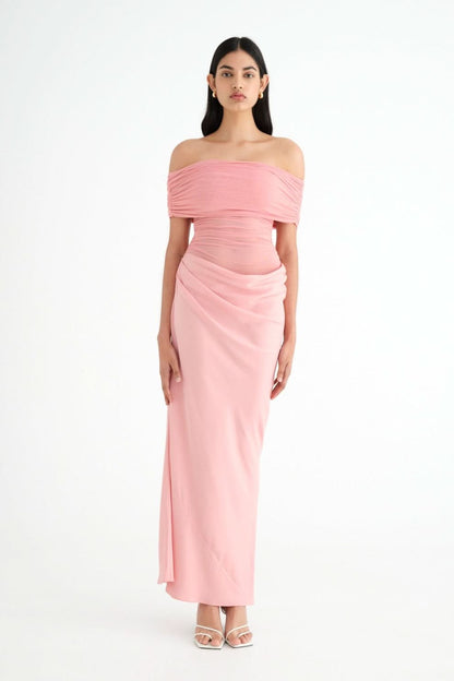 Pink off-shoulder maxi dress with ruched bodice and waist definition